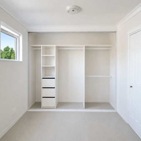 A bright, empty walk-in closet with white shelving, a tall drawer unit on the left, open hanging space in the center, and a right-side shelving section. The room has light beige walls and floor, a window on the left, and a white door on the right.