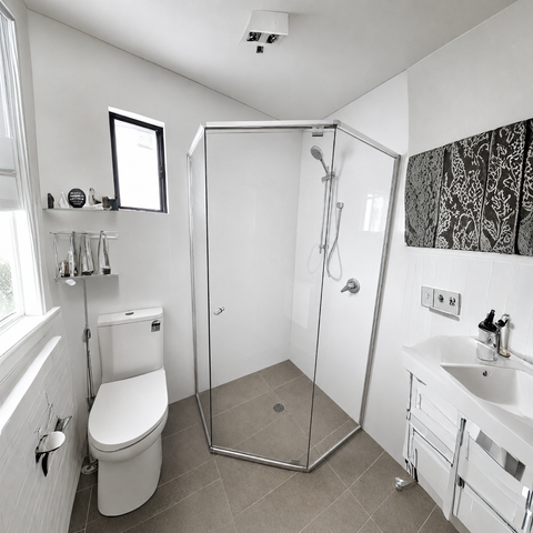 A modern white bathroom with a corner glass shower enclosure, a white toilet, a white sink with white cabinets, gray floor tiles, and a black-and-white patterned wall art piece.