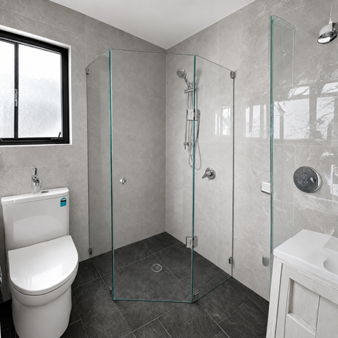 A modern bathroom featuring a corner glass shower enclosure with a chrome shower head and hand shower. The bathroom has gray marble-look walls and dark charcoal gray floor tiles, with a white toilet and a white vanity cabinet visible.