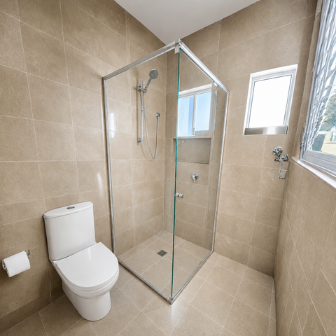 A modern bathroom with beige tiled walls and floor, featuring a corner glass shower enclosure with chrome hardware, a white toilet, and windows on two sides.